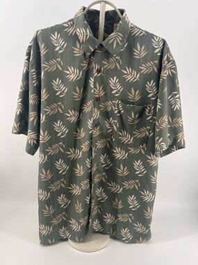 Jos A Bank 100% Silk Hawaiian Shirt Mens L Green Palm Leaf Camp Casual Button Up